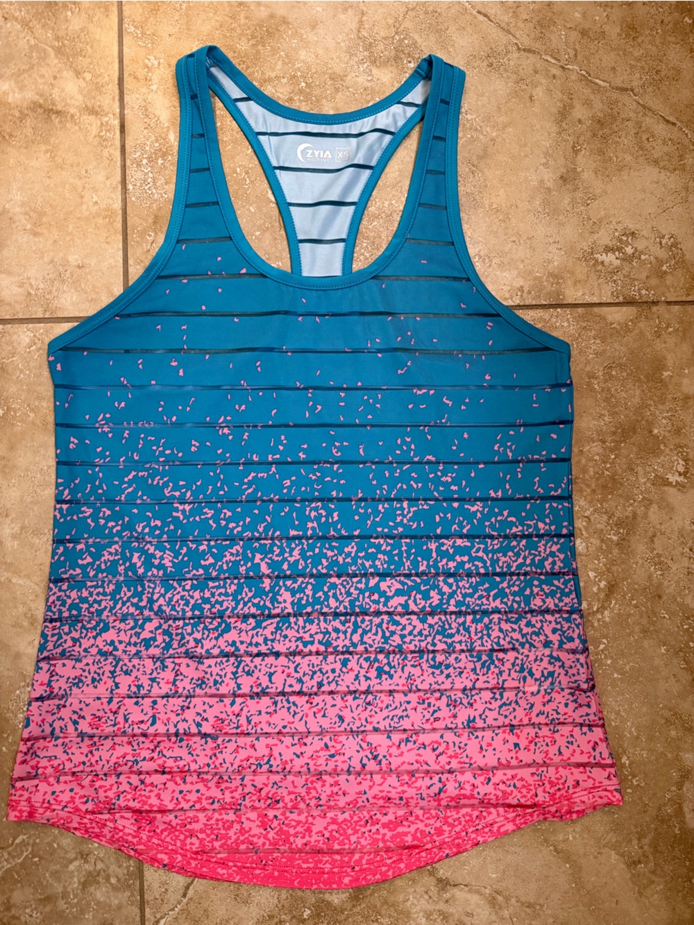 ZYIA Women's Teal to Pink Ombre Racerback Havana Tank with Speckle Print